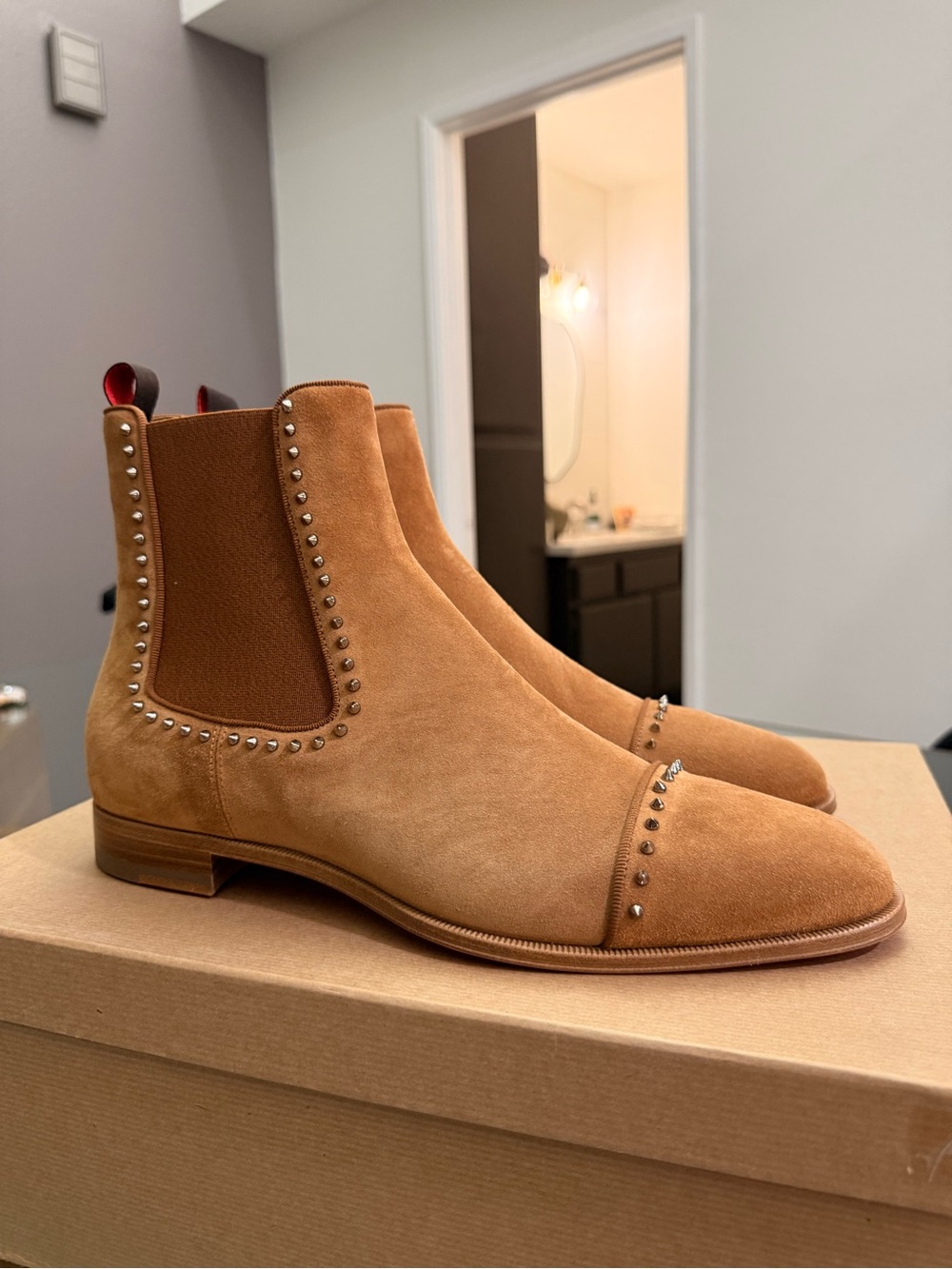Men's Suede Chelsea Cloo Boots with Stud Detail - Tan